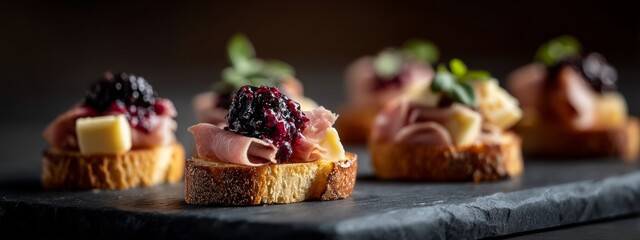 Assorted small charcuterie dishes with ham cheese and blackberry jam on slices of bread arranged on a rustic wooden board