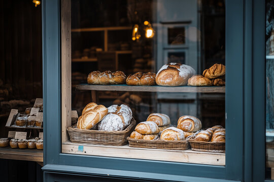 Quaint bakery window displaying freshly baked bread and pastries. Generative AI