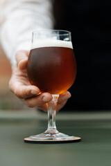 A hand holding a glass full of beer
