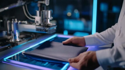 Carbon fiber engineer examining flexible advanced material, highlighting innovative technological potential in high tech research laboratory with precision and expertise