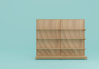 3d render of wood retail shelving in light blue setting. Simple display stand suitable for modern product design, advertising layout, or shop interior visualization.