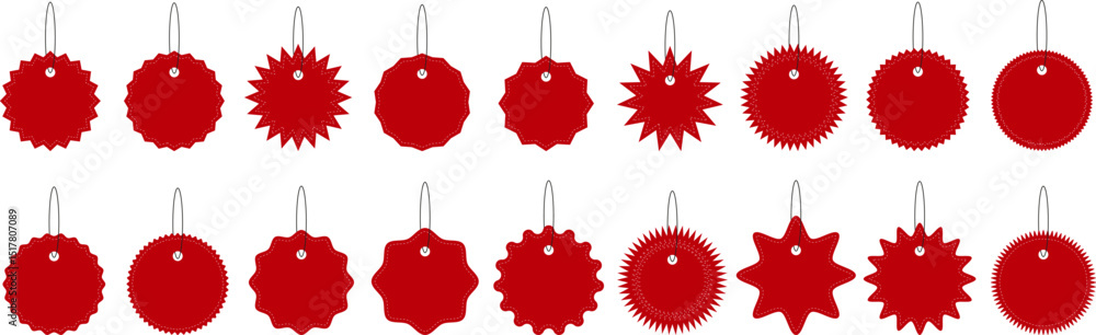Poster Red Hanging Price Tags. Vector set of blank red hanging promo labels in various shapes for discounts and pricing in retail and ecommerce. Vector EPS 10