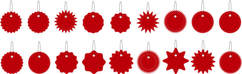 Red Hanging Price Tags. Vector set of blank red hanging promo labels in various shapes for discounts and pricing in retail and ecommerce. Vector EPS 10