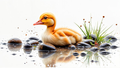 Cute and funny yellow duckling, newborn duckling, little duck