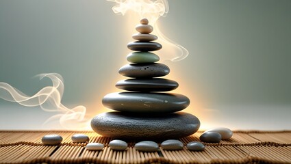 Obraz premium Zen stones and bamboo evoke a sense of balance and harmony, with smooth stacked pebbles promoting relaxation and peace in nature