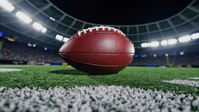 Football lies on the vibrant green turf of a brightly lit stadium at night, ready for the next play, creating a dramatic and exciting atmosphere