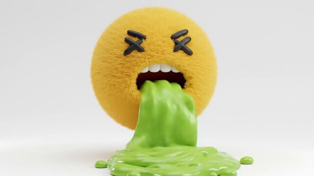 Yellow Furry Sphere with Crossed Eyes Vomiting Green Slime on White.
