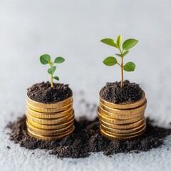 Seedlings growing from coins stacks on a white background
