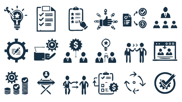 Visualizing Business Growth and Success A Collection of Business Strategy Icons in Clean Dark Blue Sketch Style on a