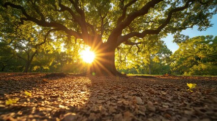 Sunlight shines through branches of large oak tree peaceful forest, casting warm rays and creating tranquil, natural atmosphere carpet of fallen leaves, with majestic oak tree, vibrant green leaves - Powered by Adobe