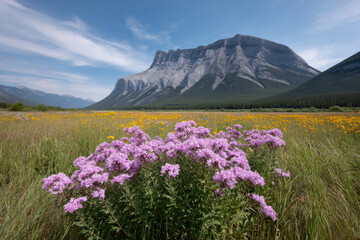 Fototapeta premium breathtaking view of cascade mountain surrounded by blooming meadows showcasing beauty of nature