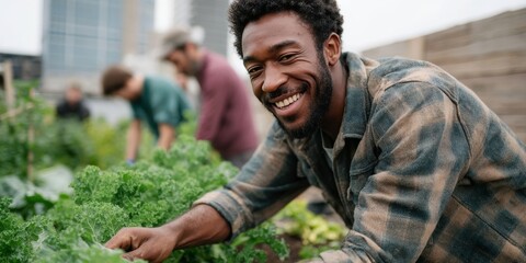 Young adults from diverse cultural backgrounds collaboratively planting in an urban community garden with lush green plants
