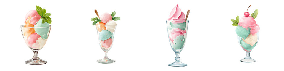 Delicious ice cream sundaes with vibrant colors and toppings, featuring multiple scoops in elegant glassware, perfect for dessert menus, summer treats, and festive celebrations