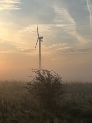 Obraz premium wind turbine in the field in the sunrise a foggy morning