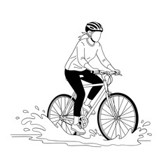 Fototapeta premium Line Art Cyclist Riding Bicycle Through Water Splashing