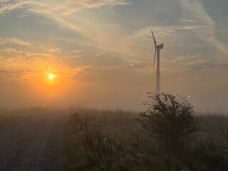 Obraz premium wind turbine in the field in the sunrise a foggy morning