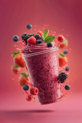 Mixed Berry Smoothie a rich blend of strawberries, blueberries, raspberries, and blackberries creating a deep reddish-purple color, Splashes of berry juice and smoothie droplets float in the air