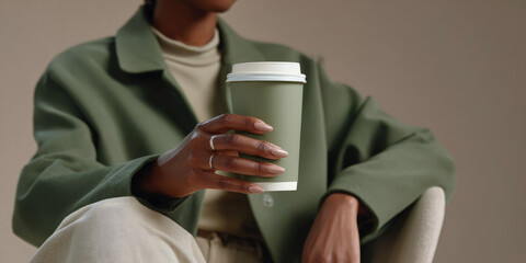 Stylish woman holding green takeaway coffee cup, elegant manicure, minimal fashion and muted tones create modern aesthetic and cozy vibe.