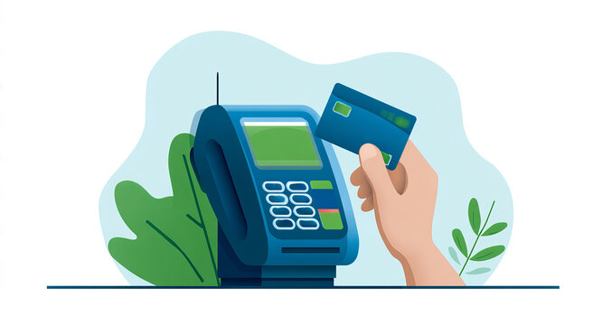 Vector flat illustration of a man's hand holding a credit card at an TVM machine,