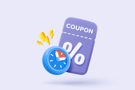 3D thunder bolt icons with coupon for sales and shopping online, discount coupon of cash. flash lightning on time alert notice special offer promotion. 3d price tags icon vector render illustration