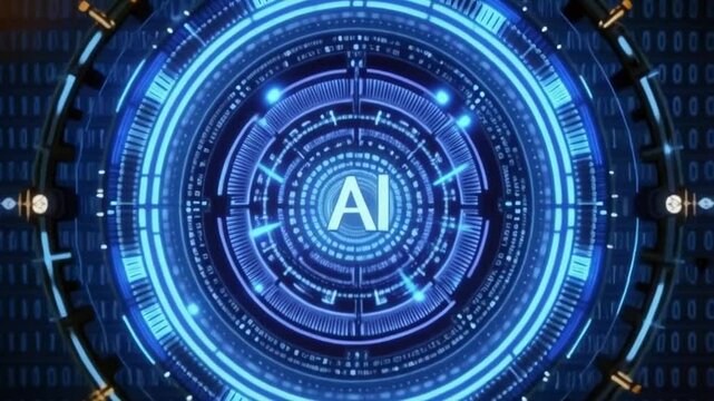 Artificial intelligence logo with blue concentric circles, binary code background background, futuristic design, digital technology concept, glowing effect, modern aesthetic, high-tech theme, abstract