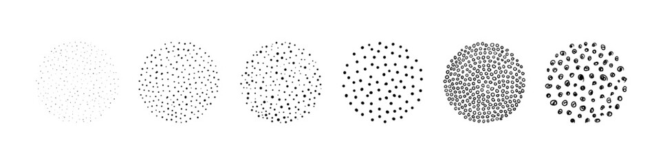 Hand drawn dotted circle textures set. Vector abstract sketch creative organic design elements