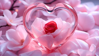 “A romantic tableau of rose-quartz fragments glimmering around a heart-shaped frame cradling a single pink rose—capturing the essence of tenderness and romance for Valentine’s Day.