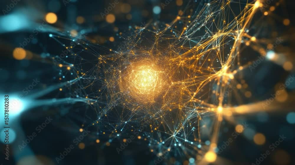 Poster network nexus: a mesmerizing network of interconnected points glows with electric blue and gold, emb