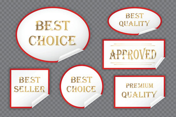 Red, golden and white Best Choice, Best Seller, Approved, Best Quality and Premium Quality labels (stickers) with wrinkled edges, vector (EPS) illustration, adhesive labels set
