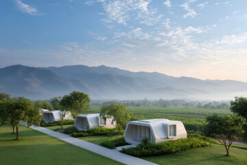 serene eco hotel featuring modern capsule houses set in open landscape under clear blue sky