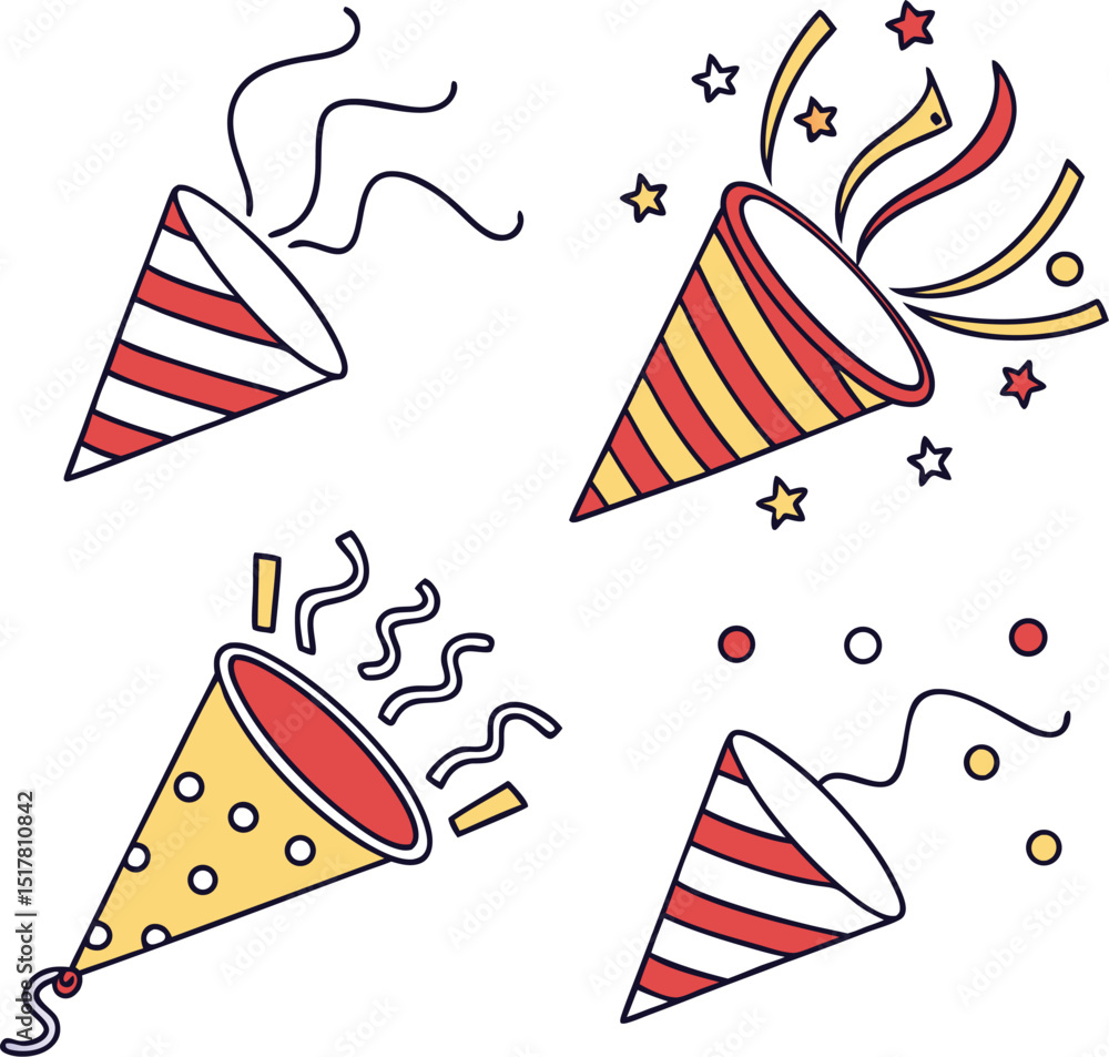 Fototapete Seamless pattern with colorful hearts and stars, Confetti and Party Popper Color Line Icon Vector Design on White Background.