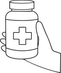 Hand holding medicine bottle icon, Hand holding medicine bottle silhouette vector art, Hand holding medicine bottle line art vector illustration