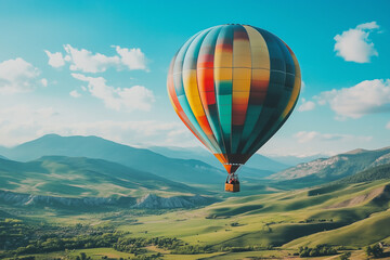 Multicolor hot air balloon floating over a green valley. Generative AI