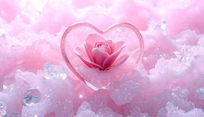 A pink rose inside a glass heart on pink crystals—symbolizing love and romance, perfect for Valentine's Day.