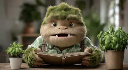Whimsical Creature Reading in a Cozy Indoor Setting