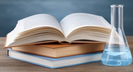 Open Book and Laboratory Flask on a Table