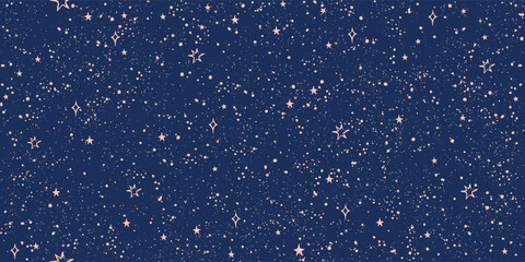 Seamless cosmic boho pattern with stars on blue background for tarot, astrology. Mystical sky with abstract ornament for horoscope. Vector illustration.