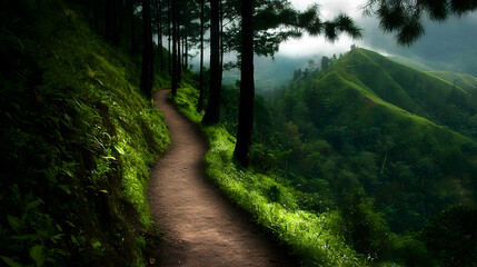 Obraz premium Lush Forest Pathway Winding Through Mountains