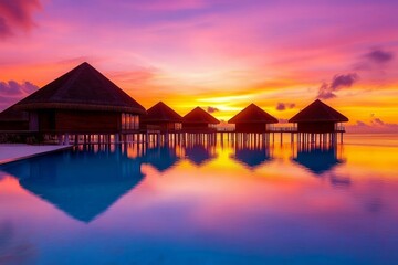 Fototapeta premium Overwater Bungalows at Sunset: Vibrant Colors Reflecting on Calm Ocean Water