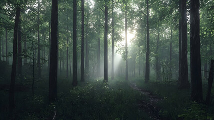 Obraz premium Misty Forest Path With Sunlight