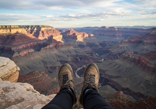 First-person view of hiking boots on a cliff edge, overlooking a vast, layered canyon under a partly cloudy sky