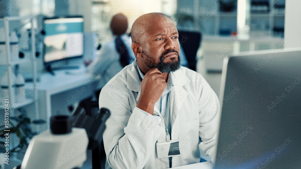 Poster computer, science and solution with black man in laboratory for medical development or research. hea