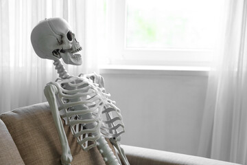 Skeleton sitting on sofa in living room