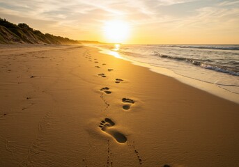 Footprints in the sand lead along a quiet beach at sunset, with waves gently touching the shore