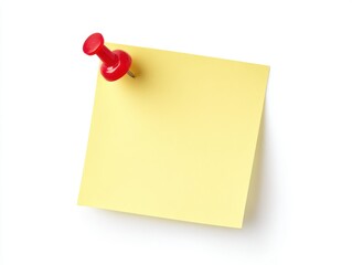 Yellow sticky note with red push pin isolated on white background
