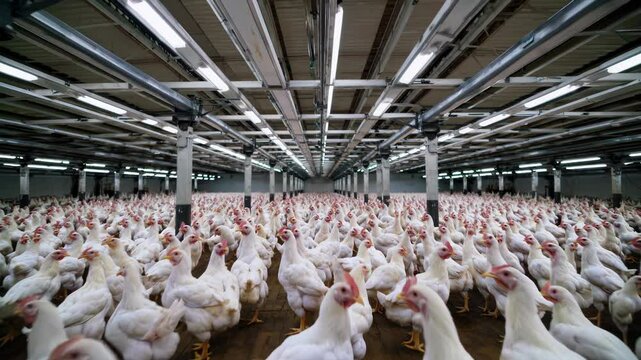 White chickens densely occupy a large, enclosed farming facility, illuminated by artificial lighting and characterized by a metallic framework supporting the ceiling