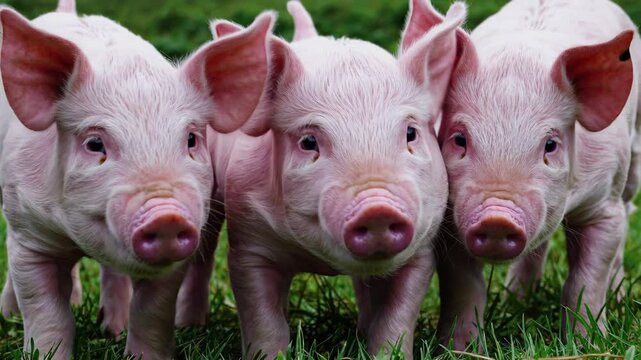 Piglet trio roaming lush green pasture, investigating surroundings with twitching pink snouts and innocent curiosity during sunny farmland adventure