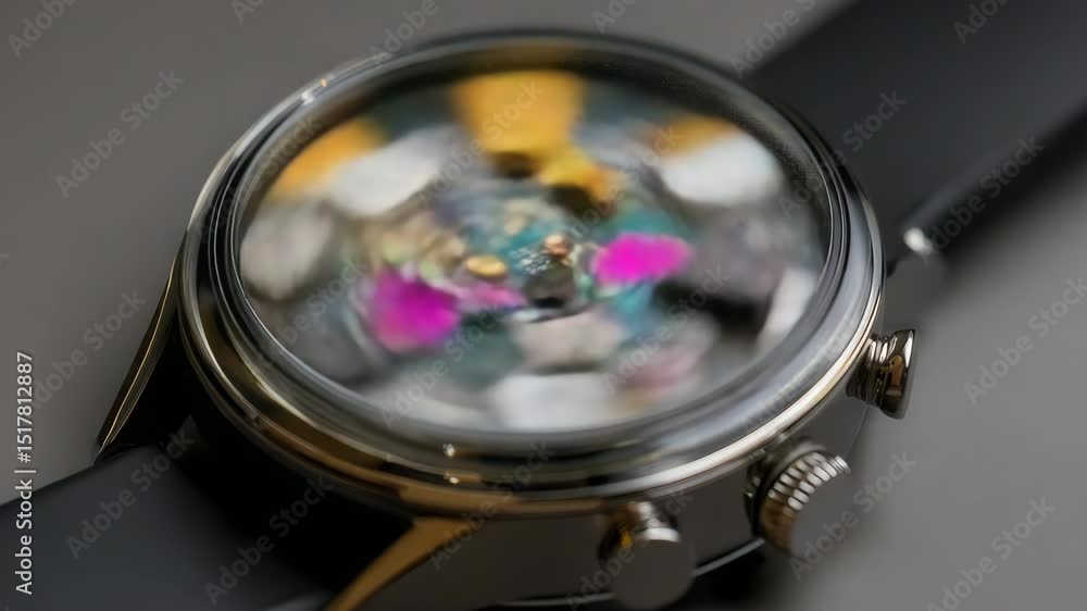 Poster close up view of a smartwatch's exposed circuitry, initially static, then progressively blurring due