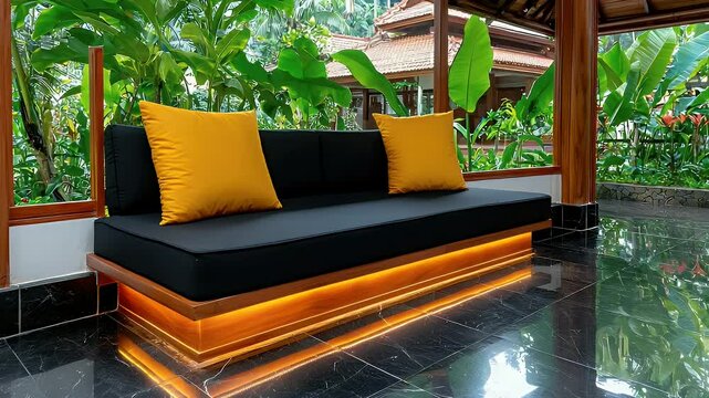 Low black daybed with warm yellow pillows on a black marble floor, illuminated by warm LED lights under the platform, tropical garden background. Relaxing, tranquil atmosphere.