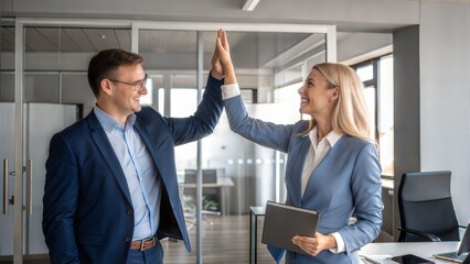 two business people cheering hands high five smiling